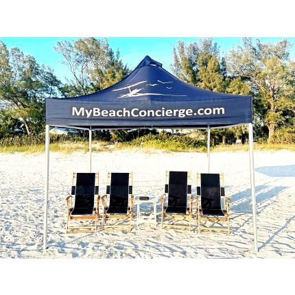Family beach package rental on Anna Maria Island with a canopy tent, four beach chairs, side table, and Bluetooth speaker from My Beach Concierge.