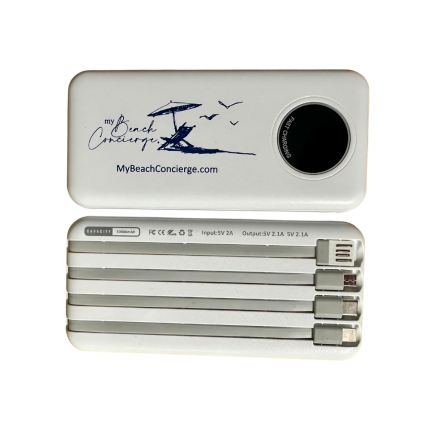 20,000mAh universal 4-in-1 portable phone charger with multiple connectors (iPhone, USB-C, Micro USB, USB-A).