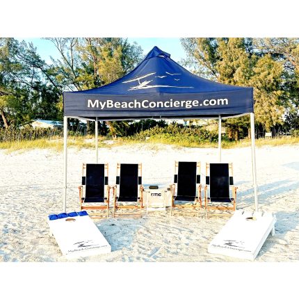 Sports Package beach setup rental with 10x10 canopy, four chairs, cooler with ice, side table, and cornhole on Anna Maria Island.