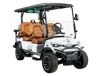 Premium street-legal golf cart rental on Anna Maria Island – 6-passenger golf cart with black seats for beach and vacation transportation